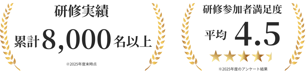 研修実績 累計8,000名以上（※2025年度末時点） / 研修参加者満足度 平均4.5（※2025年度のアンケート結果）